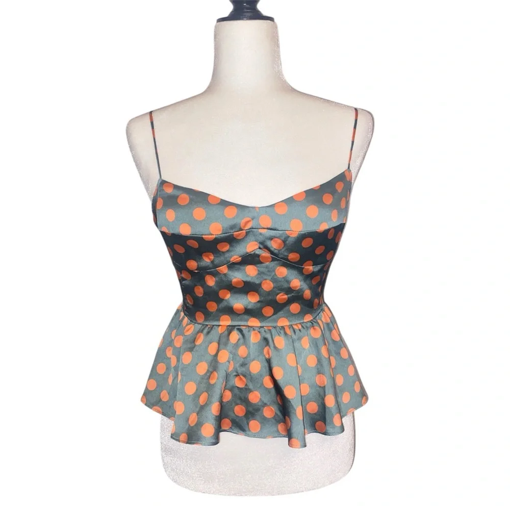 Zara Polka Dot Peplum Cami Top - Green with Orange Dots - Picture 1 of 7